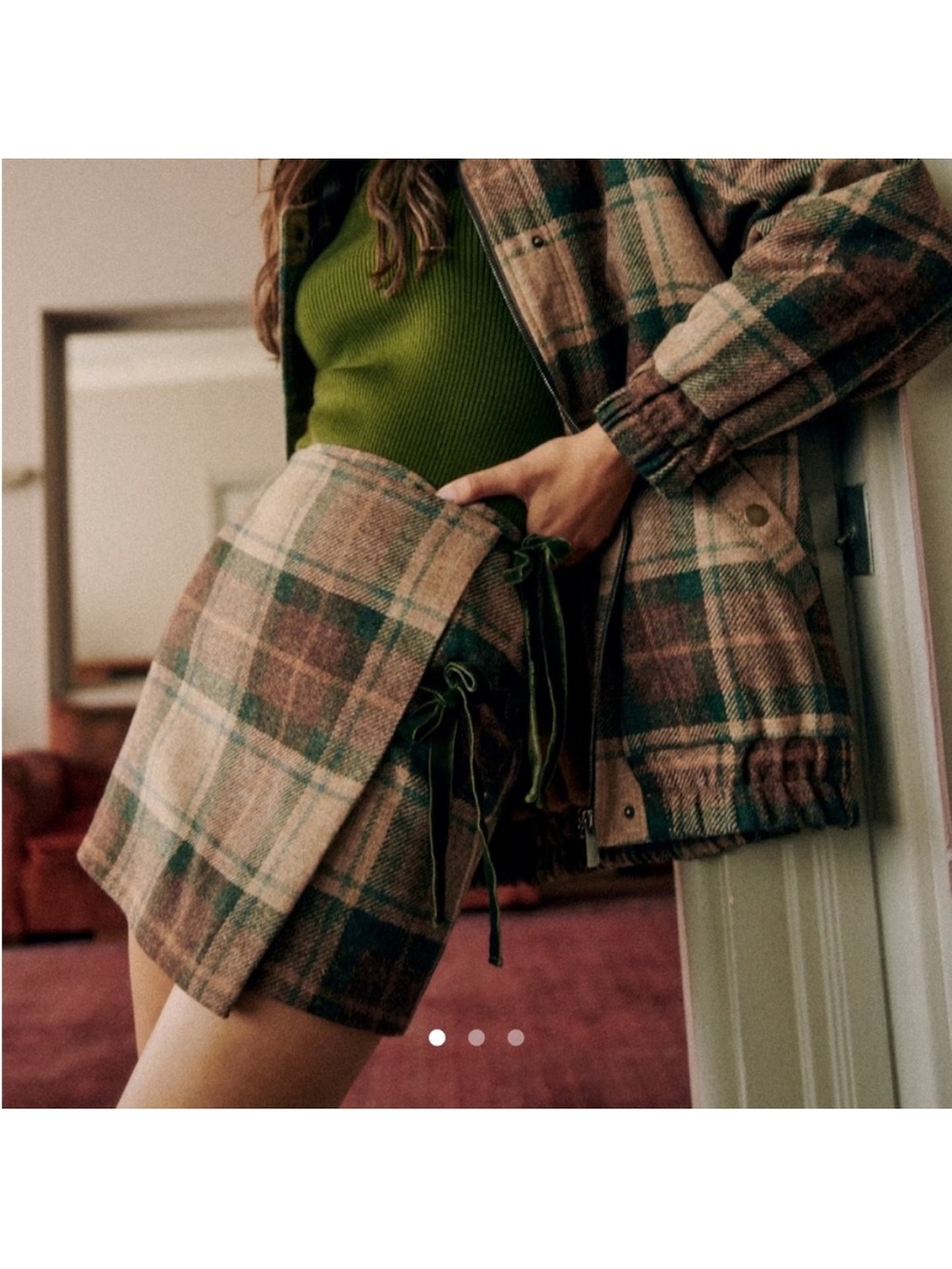 NWOT Sezane Opaline Plaid Mini Skirt in Olive and Brown size 2 XS